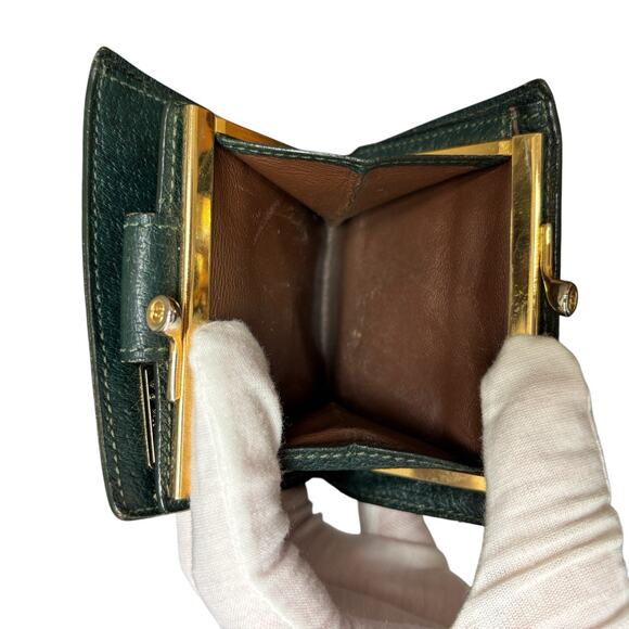 GUCCI Bifold Compact Wallet‎ Leather Dark Green Kiss Lock Horsebit - Picture 15 of 16